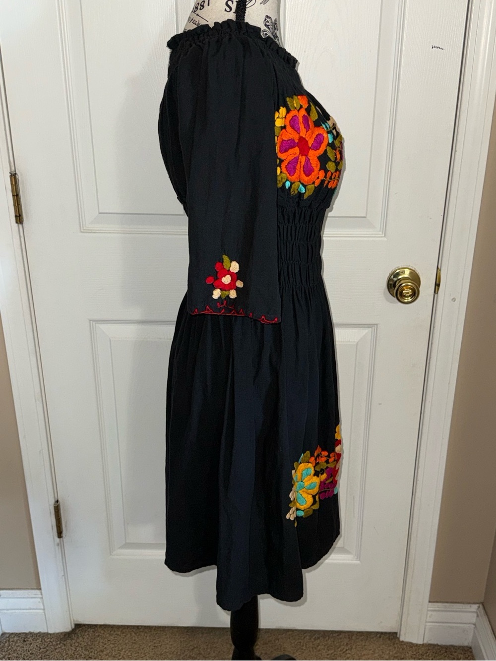 Handmade Embroidered Black Linen Cotton Dress Small Boho Floral - Picture 5 of 11